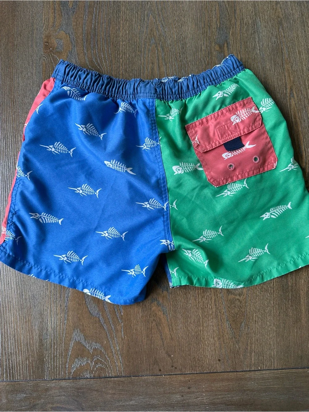 Vineyard Vines Kids Colorblock Fish-Skeleton Swim Trunks in Blue, Coral & Green